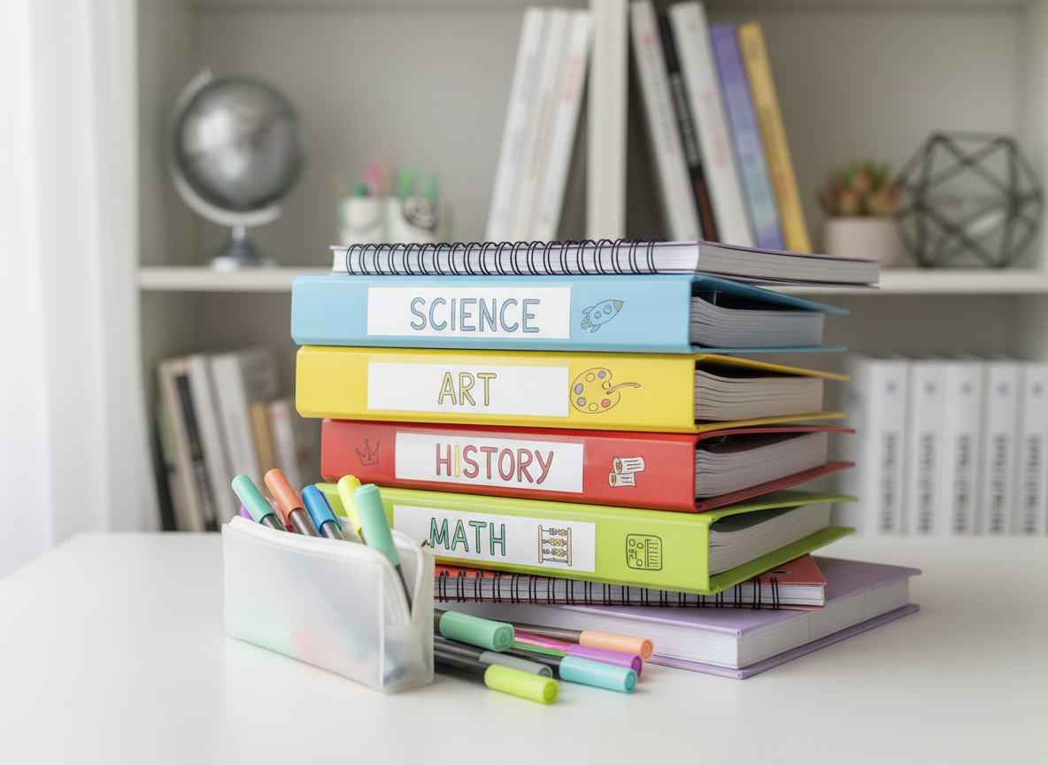 A whimsical stack of colorful binders and notebooks forming a small, playful tower on a clean white tabletop. Each binder spine has a different hand-lettered subject name and tiny doodles, like a rocket for science or a palette for art, with glossy plastic surfaces catching subtle reflections. Beside the stack, a translucent pencil case spills out gel pens and pastel markers. The background shows a blurred bookshelf filled with neatly arranged study resources and a few quirky objects like a small globe and geometric shapes. Soft, diffused window light creates a clean, bright look with minimal shadows. Photographic realism, captured at a slightly low angle to make the stack feel tall and dynamic, using a shallow depth of field to keep focus on the playful study materials.
