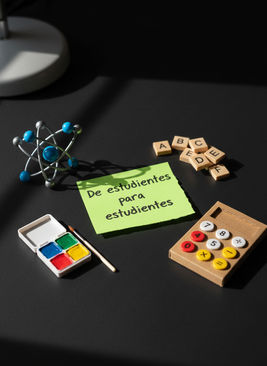 An imaginative tabletop scene where different school subjects are represented as small, colorful objects arranged in a playful circle on a matte black surface: a tiny model atom for science, a miniature paint set for art, a stack of lettered tiles for languages, and a small cardboard calculator for math with oversized, printed buttons. Each object has distinct textures, from glossy plastic to rough cardboard. A bright neon sticky note in the center reads “De estudiantes para estudiantes” in bold handwriting. Dramatic side lighting from a desk lamp creates crisp, engaging shadows and highlights, adding depth and contrast. Photographic realism, shot from a slightly elevated angle using a shallow depth of field, with the central sticky note in sharp focus, emphasizing creativity, collaboration, and a fun, student-led learning atmosphere.