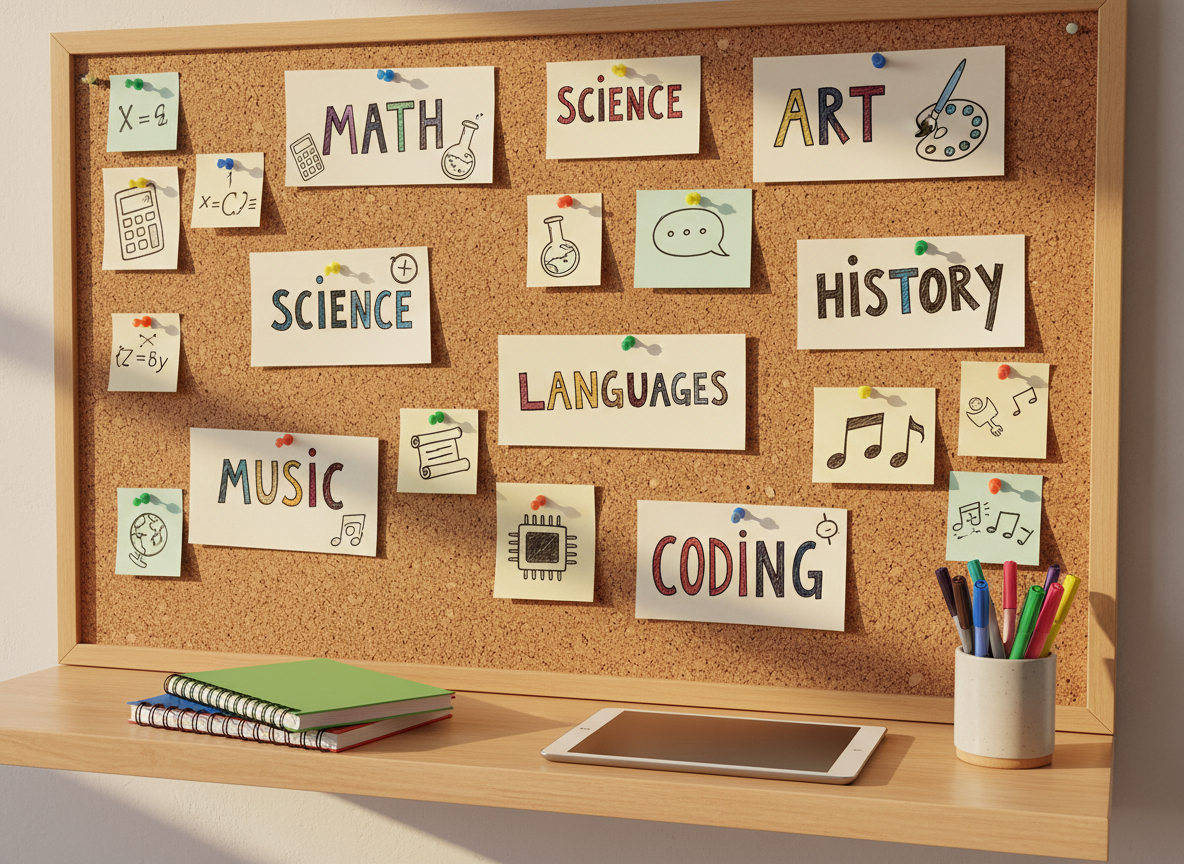 A colorful bulletin board made of cork with a fine, textured surface, completely filled with hand-drawn subject cards, index cards, and sticky notes labeled with topics like math, science, art, and languages in playful handwriting. Each card is pinned with bright pushpins and decorated with simple, doodle-style icons. Below the board, a smooth wooden shelf holds neatly arranged notebooks, a closed tablet, and a cup overflowing with markers and pens. Warm afternoon light from the side casts soft shadows and highlights the textures of paper and cork. Captured in photographic realism from a slightly angled perspective, the board occupies most of the frame, with sharp focus throughout, creating a vibrant, organized, and collaborative atmosphere that feels like a shared student idea wall.